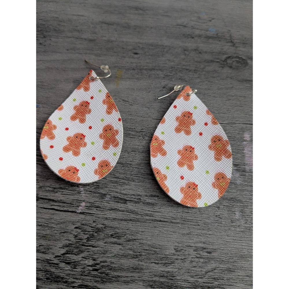 Handmade Gingerbread Man Faux Leather Teardrop Earrings Christmas Holiday White